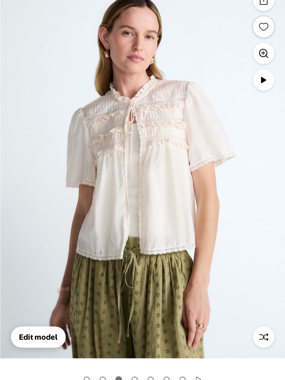Ruffled Tie-Neck Ivory Lace-Trim Blouse